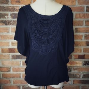 Converse One Star Crochet Embellished Navy Blue Shirt Top S B5